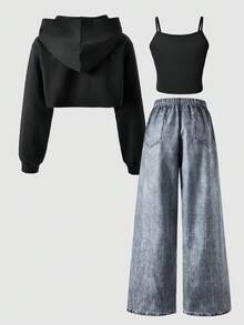 SHEIN ChillGRL Streecool Kids Casual Tween Girl Loose Street Style Denim Print Pants, Cropped Camisole Top, Long Sleeve Hooded Mesh Blouse 3-Piece Outfit, Fashion