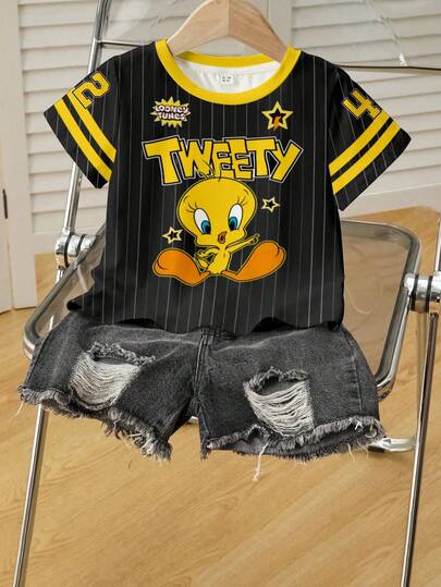LOONEY TUNES X SHEIN Young Girl Colorblock Striped & Cartoon Graphic Round Neck Short Sleeve T-Shirt