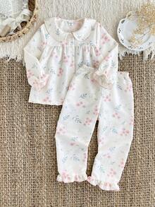 SHEIN X GALILEA 2 piezas Conjunto de pijama cómodo con top de manga larga y pantalones con estampado floral elegante para niñas jóvenes - Rosa - Ver 4