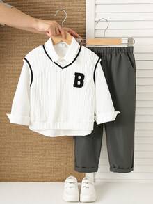 3件套男童可爱白色上衣和松紧腰裤套装，适合生日派对、晚宴、演出、婚礼、庆典等场合。 - 白色 - 查看 8