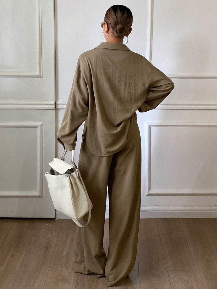 Women 2 Pieces Set: Solid Color Loose Turndown Collar Long Sleeve Shirt & Straight Leg Pants, Casual & Elegant, Autumn/Winter Lounge Sets For Women