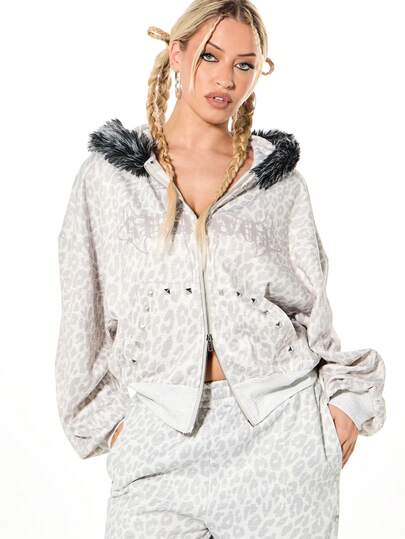 SUMWON WOMEN Oversized Boxy Full Zip Hoodie With Faux Fur Trim Hood Gray Leopard Print Winter Casual Streetwear Jacket