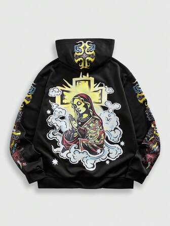 Street Life Men's Hip Hop Streetwear Virgin Mary Cross Print Hoodie