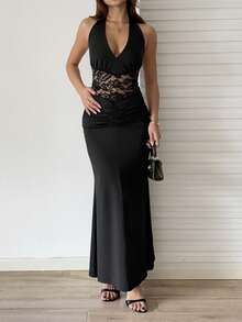 Sunnyshic Đầm bodycon đuôi cá hở eo phối ren đen cho nữ, gợi cảm & quyến rũ cho tiệc tùng, hẹn hò, đám cưới, thời trang, kỳ nghỉ bãi biển, thiết kế nhún bèo, co giãn & mềm mại, mùa thu - màu đen - Xem 4