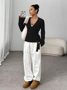 Flirla 系带宽松休闲百搭女式开衫 - 黑色 - 查看 5