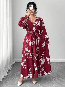 Vestido largo de línea A con cuello en V, mangas farol y cintura marcada, para mujer talla grande, para otoño e invierno - Multicolor - Ver 3
