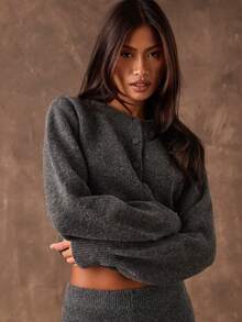 SHEIN BAE Bộ 2 áo khoác cardigan trơn màu và quần len thường ngày, Thu/Đông - Màu xám đen - Xem 8