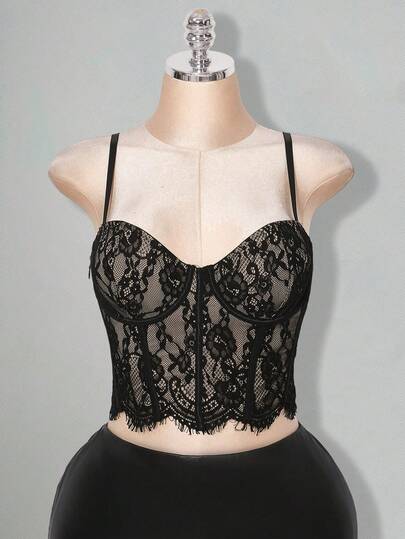 SHEIN ICON 大码女士蕾丝罩杯吊带背心，性感约会装，适合派对，蕾丝文胸吊带背心