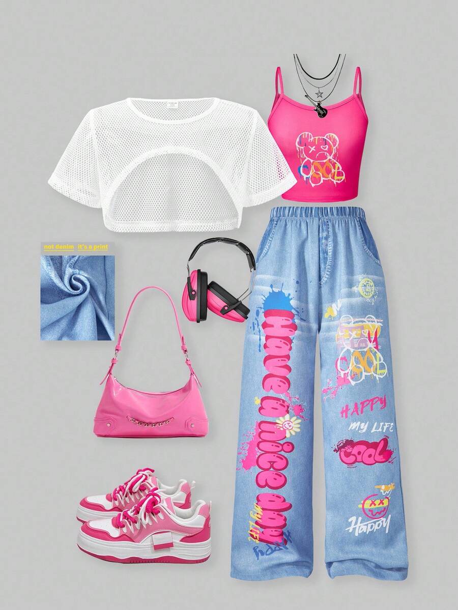 SHEIN ChillGRL 3pcs/Set Tween Girl Mesh Panel Crop Top & Allover Print Camisole & Wide-Leg Pants, Casual Outfit, Suitable For Daily, Holiday, Vacation, Hanging Out With Friends - Spring/Summer,Holiday,Summer,Travel - White - View 1