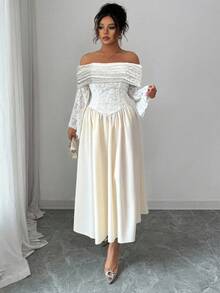 Modelyn Váy chữ A hở vai phối ren màu mơ cỡ lớn thanh lịch dành cho nữ - Màu be - Xem 5