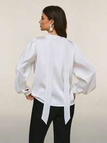 Poéselle Women's Fashionable Sexy Solid Color Deep V-Neck Long Sleeve Blouse,Elegant Blouses For Women Puff Sleeve Blouse White Blouse Elegant White Long Sleeve Blouse V Neck Blouse Elegant Women's Blouses Valentine's Day Wedding Tops Daily & Date Night Essential - White - View 2
