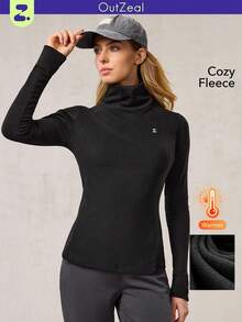 OutZeal 女士保暖柔软拉绒围脖领长袖户外T恤日常休闲秋冬 - 黑色 - 查看 1