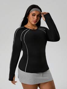 SHEIN Sports Plus Size Women's Raglan Sleeve Round Neck Sports T-Shirt - Black - View 5