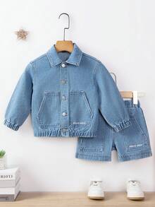 Vacaura Young Boys Denim Set, Casual Fashion Cool Jacket, Printed Denim Top & Shorts, Daily Street & Holiday Outfit