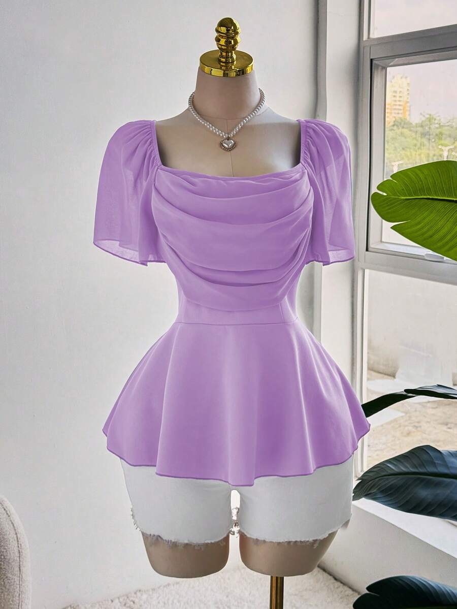 Sweetra Áo sơ mi voan voan lãng mạn thanh lịch cỡ lớn cho nữ, tay áo xếp nếp, cổ áo xếp nếp, viền eo xếp nếp - Màu tím - Xem 1