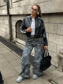 Comfortcana 大码女式黑白撞色设计 PU 夹克