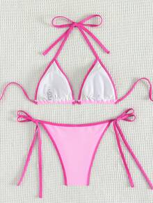 Swim Vcay Ladies Sexy Colorblock Halter Neck Tie Bikini Set For Vacation,Summer Beach