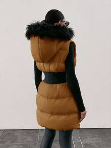 Padded Vest With Furry Hood And Adjustable Waist, Two Side Pockets, Thick And Fashionable Puffer Jacket, Quilting Details - Brown - View 2