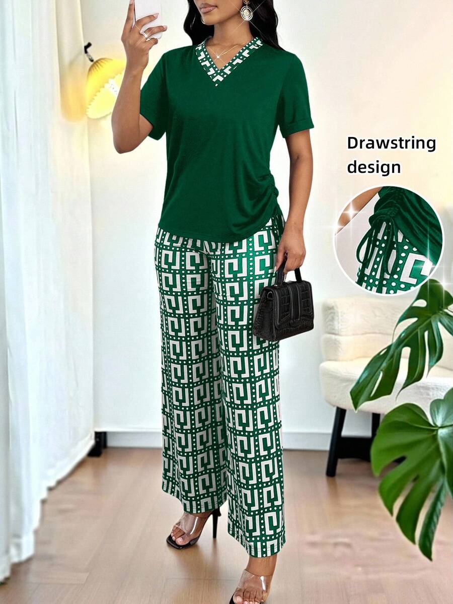 SHEIN Lady 女士休闲侧抽绳短袖上衣和印花长裤两件套，夏季 - 綠色 - 查看 1