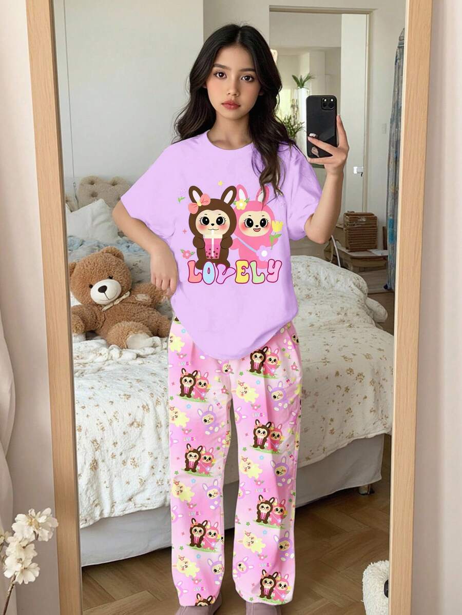 SHEIN Leap Crew Cute Animal Print, Purple, Boho Chic, Chill Chill Summer, Tween Girl Casual Minimalist Crew Neck Short Sleeve Shorts Pajama Set, Suitable For Summer, Autumn Outfits For, Easy Comfort, Stylish Kids, Casual Wear, Kids Graphic Clothes, Back To School, Homecoming, Suitable For Outdoor Picnic, Outing, Street Photography, Home, Campus, Chill Chill - Multicolor - View 1