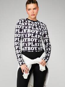 Missguided x Playboy 女士长袖圆领套头衫，通体印花Logo，修身休闲家居服，秋冬款 - 黑與白 - 查看 6