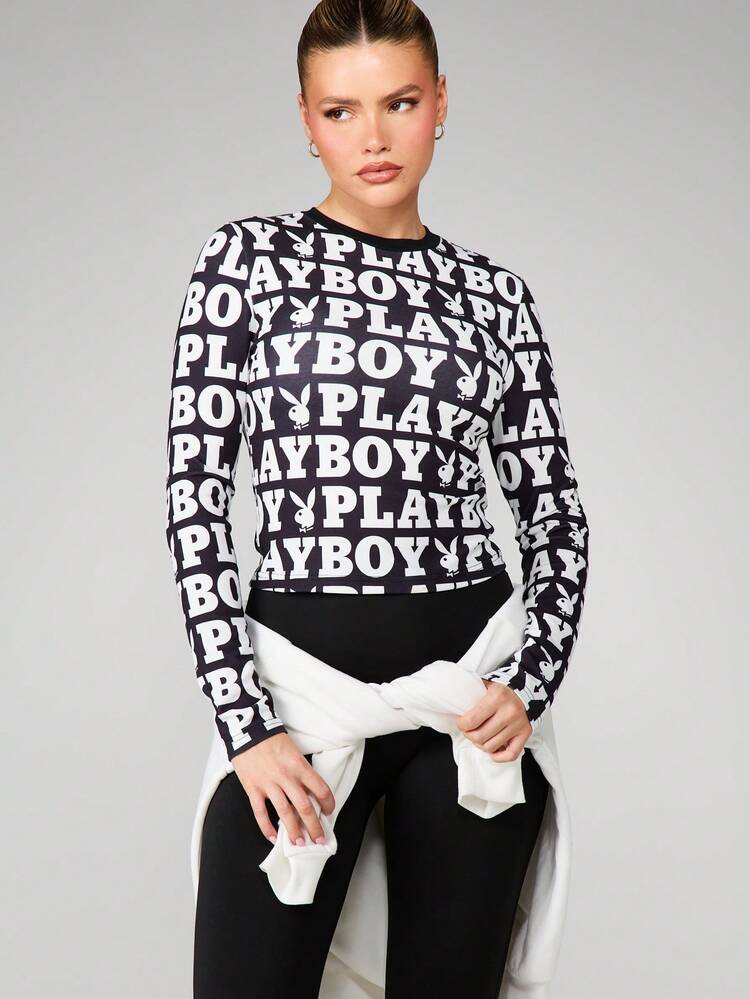 Missguided x Playboy Women Long Sleeve Crew Neck Pullover Top With Allover Logo Print Fitted Casual Lounge Top Fall Winter