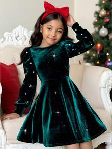 SHEIN KIDS Tween Girl Christmas Elegant Green Round Neck Pearl Beaded Splice Long Sleeve Dress, Christmas, Green, Party, Beaded, Pearl, Round Neck, Princess Dress, Matching Family - Army Green - View 1