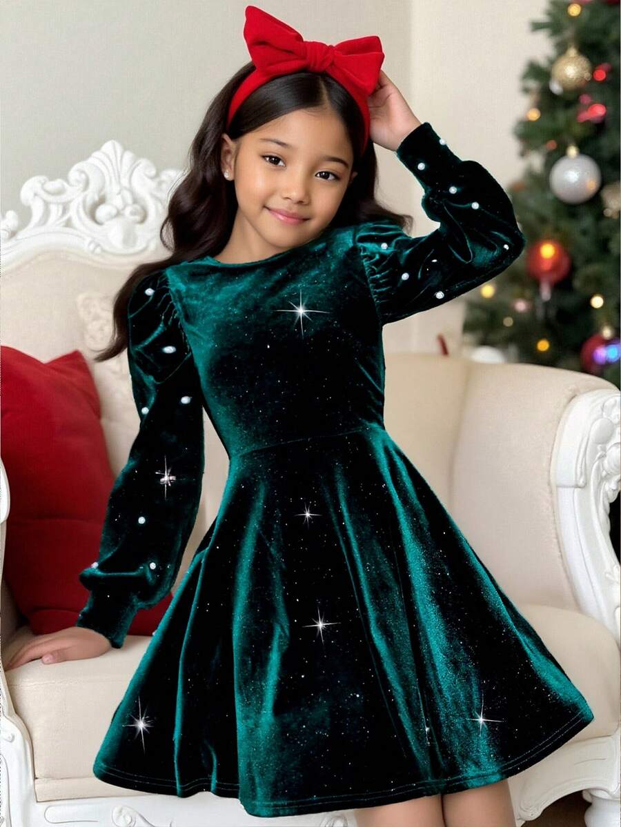 SHEIN KIDS Tween Girl Christmas Elegant Green Round Neck Pearl Beaded Splice Long Sleeve Dress, Christmas, Green, Party, Beaded, Pearl, Round Neck, Princess Dress, Matching Family - Army Green - View 1