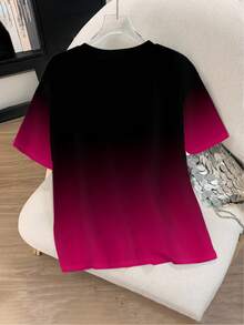 SHEIN Große Größen Elegantes Farbverlauf-Muster T-Shirt für Damen - weich, kurzärmliger Rundhalsausschnitt, Farbverlauf von Rot zu Schwarz, Sommer Lässig Wear, vielseitiges T-Shirt, Farbverlauf-Design, bequem