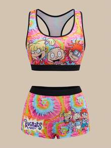 Nick 90s | SHEIN Women's Comfortable Tie-Dye Cartoon Pattern Bra And Boyshorts Set - Orange - View 5