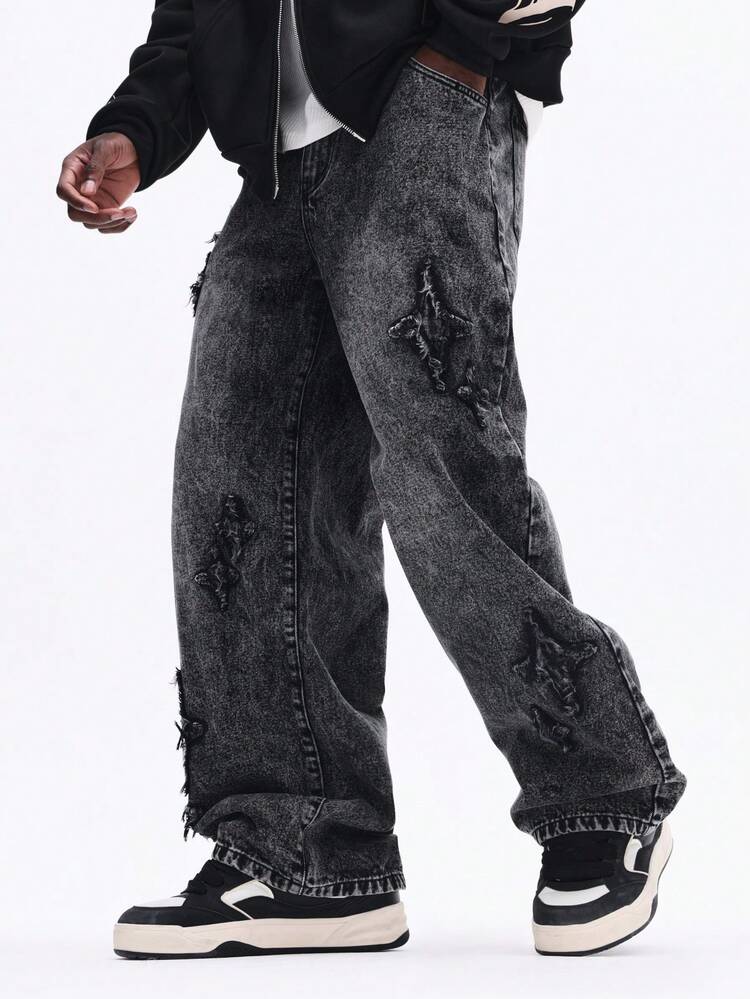 Baggy Distressed Jeans With Applique Patches