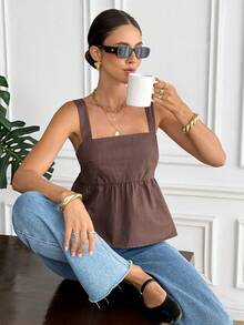 Serisse 女士新款棕色纯棉吊带背心，后背系带 - 棕色 - 查看 3