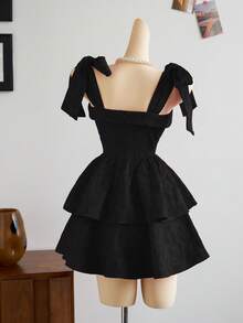 Elamini Women's Jacquard Fabric Tie Shoulder Knot Waist Splice Ruched Double-Layer A-Line Mini Dress - Black - View 2