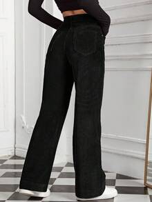 SHEIN EZwear 高腰直筒宽松灯芯绒休闲牛仔裤，百搭 - 黑色 - 查看 2