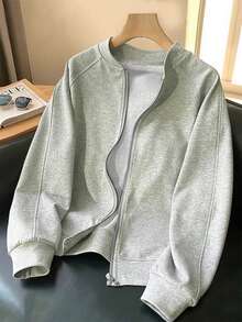 SHEIN Women's Casual Zip-Up Collar Grey Lightweight Jacket Fall Winter Cloth For Women