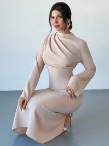 Firerie Đầm dài màu mơ thanh lịch, tối giản, giản dị, thường ngày, đi làm, nghỉ dưỡng, thời trang mới, cổ chữ V, tay dài, thắt eo, thu/đông - Màu be - Xem 8