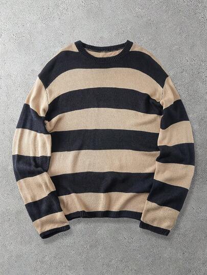 ROMWE MEN Academia Men's Casual Colorblock Striped Sweater, Autumn/Winter