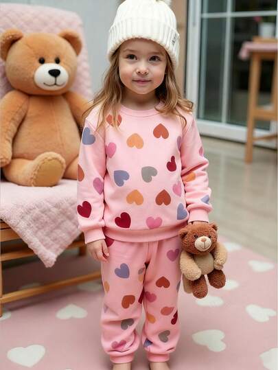 2 st/set flickor hjärtmönster rund halsringning långärmad stickad tröja, hjärtmönster leggings set, lämplig för flickor 4-7 år gamla vardagskläder inomhus och utomhus, höst/vinter/vår