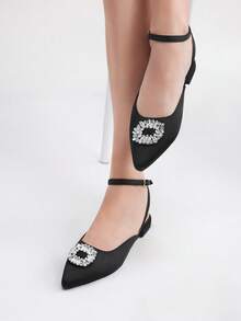 Fashionable Pointed Toe & Square Buckle Women'S Flat Shoes - Black - View 3