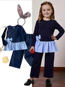 PrepCrw 2pcs Young Girls Elegant Urban School Style Outfit, Featuring Contrast Bow Accent Crew Neck Sweatshirt And Pants Set In Light Blue And Navy, Suitable For Back To School, Casual Outings, Gatherings, Holidays, Autumn And Winter,Judy Hopps Costume Kids Girl Navy Color Block T Shirt And Pants Set Matching Sets For Girls Blue Kids Outfit - Navy Blue - View 1