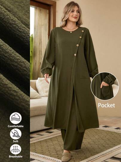 EMERY ROSE Plus Size 2pcs Set: Long Button Decorated Shirt + Long Pants, Casual Suit, Pockets,  Thanksgiving Outfit For Women, Autumn/Winter,2025 New