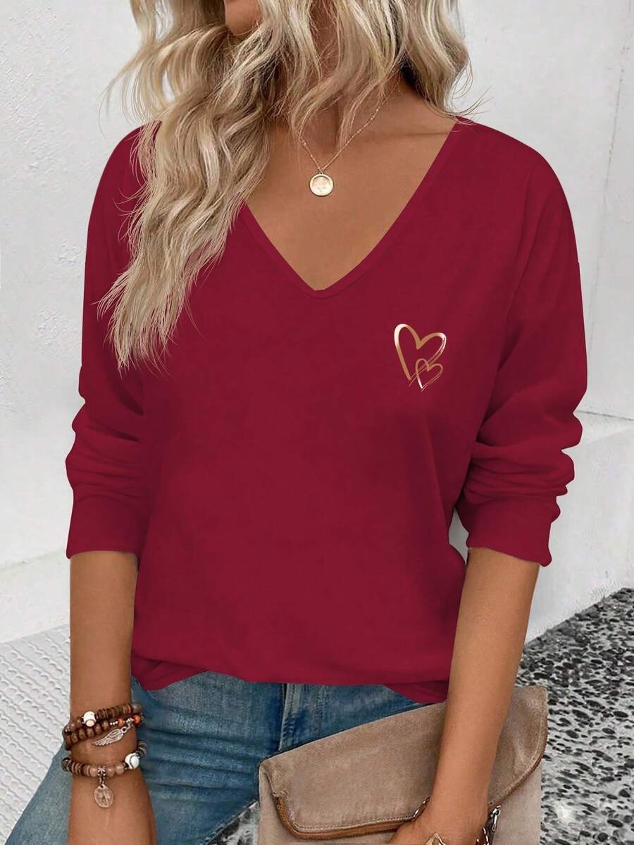EMERY ROSE Women's Casual Heart Print V-Neck Long Sleeve Versatile T-Shirt, Autumn/Winter - Burgundy - View 1