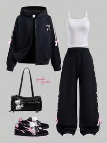 SHEIN Explorewe Conjunto de 3 peças com estampa de laço para meninas pré-adolescentes, blusa, calça e jaqueta, outono e inverno - Preto - Ver 8