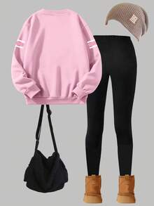 SHEIN Explorewe 少女运动服套装，秋冬新款，白色数码印花运动衫，配黑色蝴蝶结，黑色紧身裤，舒适合身 - 粉色 - 查看 2