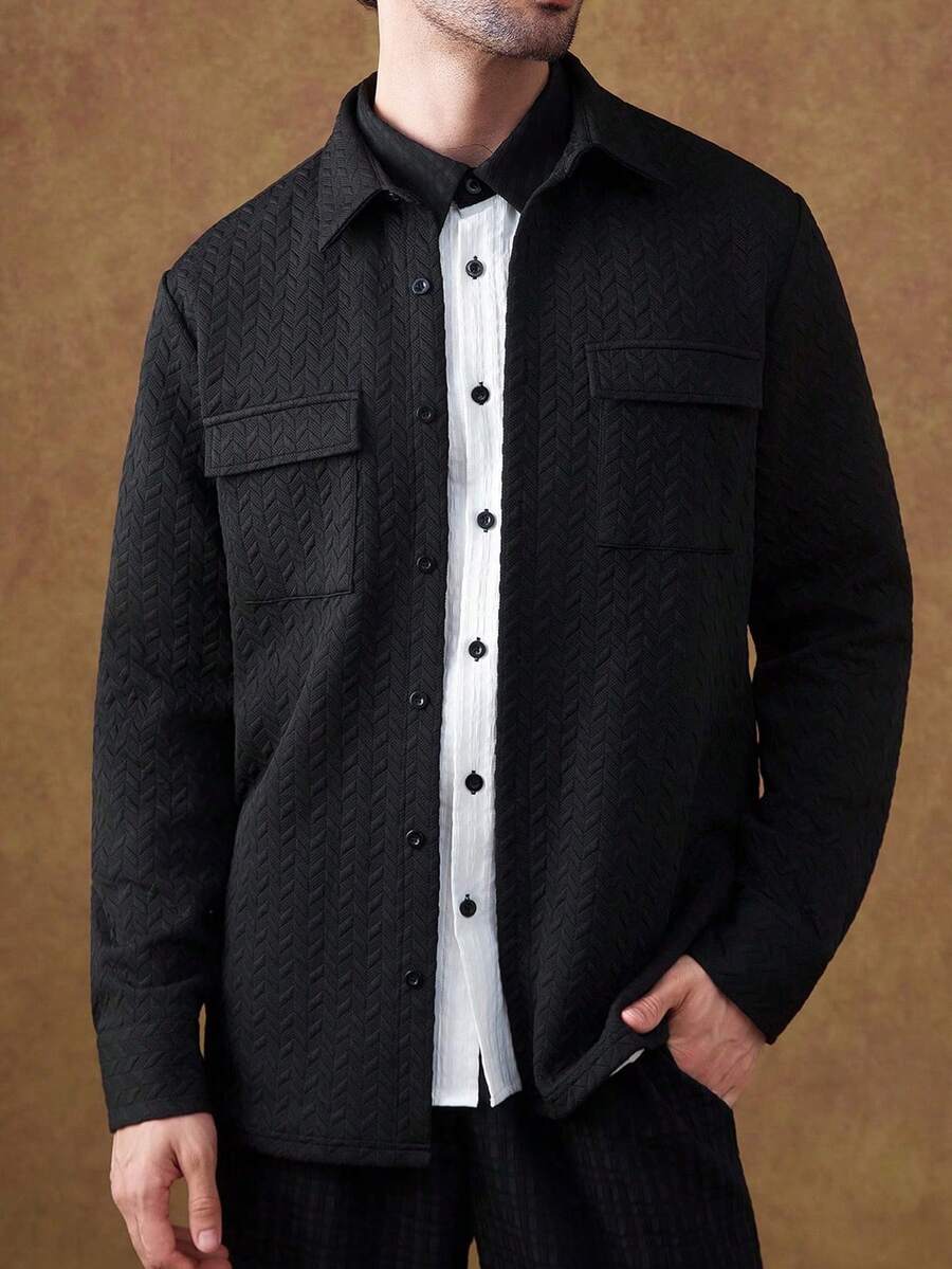 Manfinity Homme Men's Casual Black Autumn Basic Office Shirt,Versatile Commuter Contrast Color Collar Textured Workwear Pocket Long Sleeve Top,High-End Fitted Style - Black - View 1