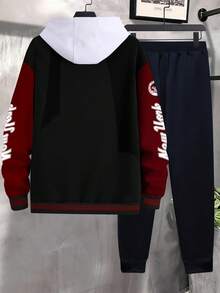 Manfinity Homme Bộ 2 áo khoác bóng chày in logo khối màu tương phản dành cho nam và quần dài, bộ đồ nỉ 2 món, quần áo mùa thu - Nhiều màu - Xem 2