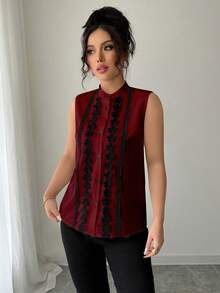 Elenzga Chemise noire ajustée pour femmes avec décoration en dentelle sans manches, taille standard - Rouge foncé - Voir 6