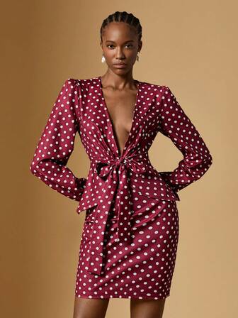 Briarwyn 两件套女士波点深V领长袖打结腰身上衣和迷你裙，性感时尚派对装扮