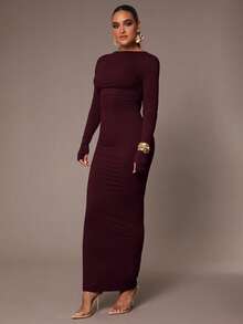 Silquee Women's Basic Slip Dress, Sexy Open Back, Waist Ruched, Skin-Friendly, Long Sleeve, Floor-Length - Maroon - View 4