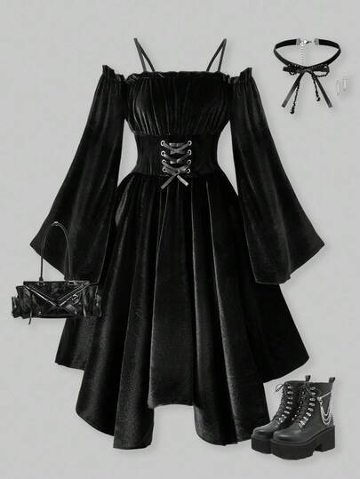 SHEIN ChillGRL Romweezy Girls Velvet Asymmetrical Off-Shoulder Backless Flare Sleeve Dress, Elegant Solid Color Suitable For Casual, Party, Holiday Wear In Autumn/Winter